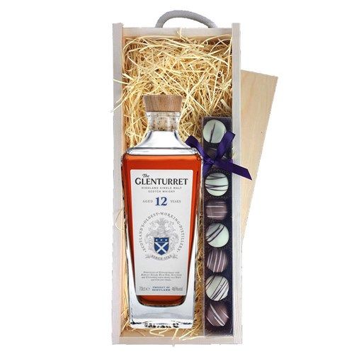 The Glenturret 12 Year Single Malt Whisky 70cl & Heart Truffles, Wooden Box